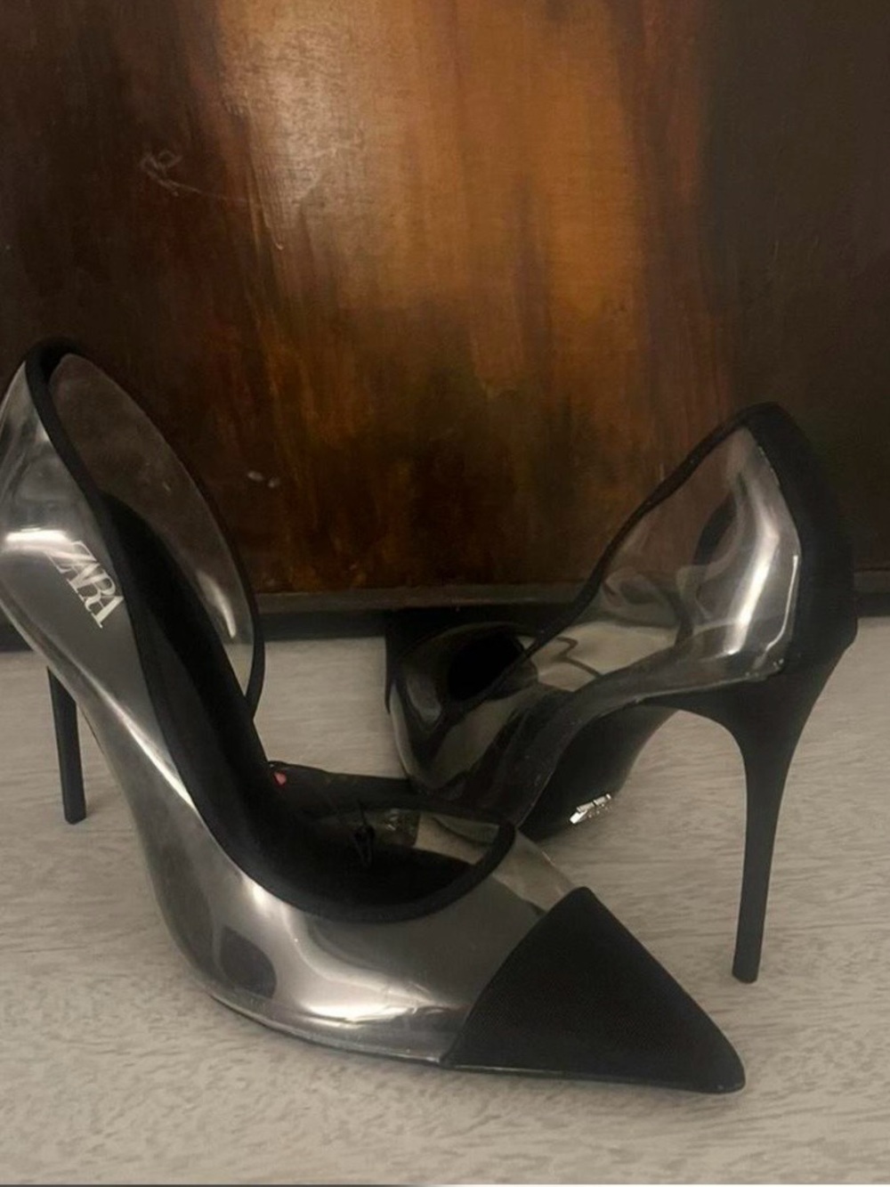 Zara Black Pointed Toe Clear-Panel Stiletto Heels